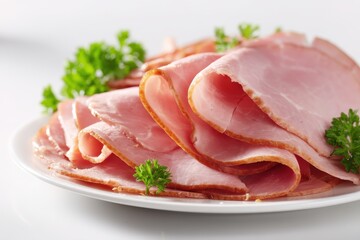 Sliced ham on a plate with a white backdrop