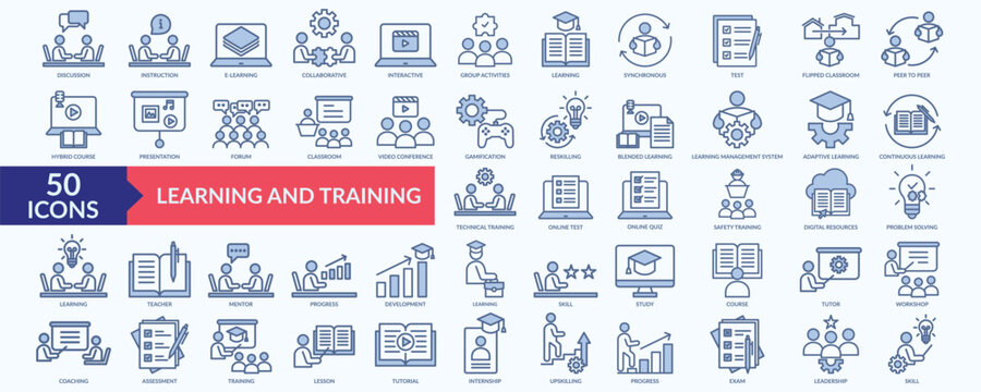 Learning and training icon collection set with teacher, coaching, upskilling, reskilling, problem solving
