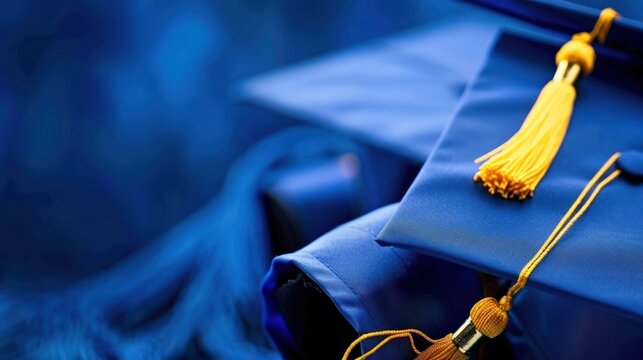 A blue graduation cap with a yellow tassel sits on top of a blue background