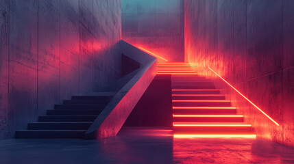 Red Neon Lit Concrete Staircase in Dark Modern Interior