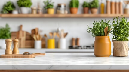 Natural herbs and spices sit on a white marble countertop in a bright modern kitchen with wood shelving.