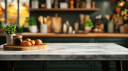 A marble countertop with food and plant is displayed in a blurred stylish modern kitchen interior setup.