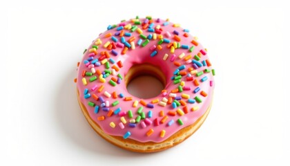 Delicious pink frosted donut with sprinkles bright background food photography whimsical style