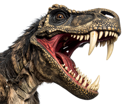 Closeup of a Dinosaur Head with Open Mouth on Black Background