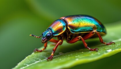 Naklejka premium Vibrant beetle exploring fresh green leaves macro photography nature close-up colorful insect