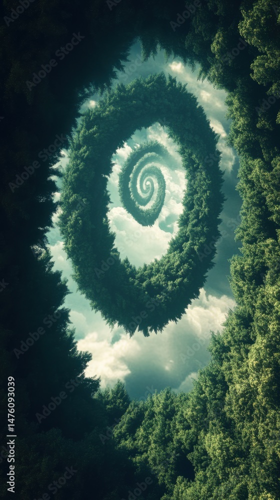 Poster forest spiral illusion perspective from below showing tree tops forming a swirling pattern against a