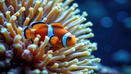 Clownfish swimming among sea anemones marine habitat underwater photography vibrant ocean environment close-up view aquatic life