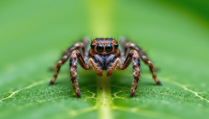 Jumping spider on green leaf close-up photography in nature macro view of arachnid details