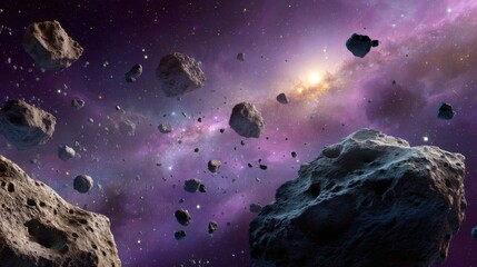 Obraz premium Asteroid Field in Deep Space with Nebula Background, Low Angle, Space Exploration Concept, Cosmic Scene