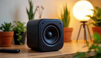 Sound system setup home office product photography indoor plants eye-level view modern design for enhanced experience