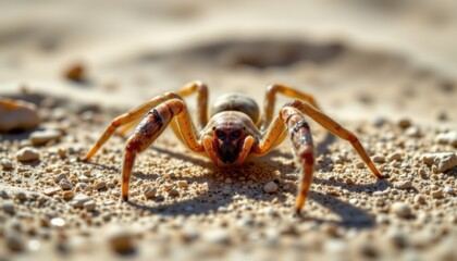 Close-up action of a spider crawling on sand desert environment nature photography macro perspective
