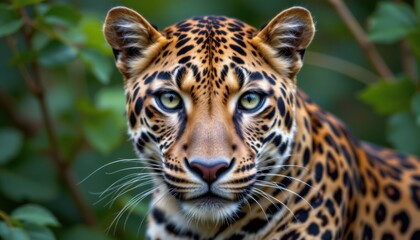 Fototapeta premium Leopard stalking prey in lush jungle wildlife photography close-up view natural habitat