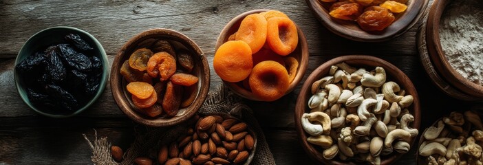 Assorted Dried Fruits and Nuts in Natural Wooden Bowls on Rustic Table Background for Healthy Snack and Cooking Inspiration