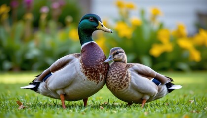 Obraz premium Ducks in love garden park wildlife photography vibrant flowers close-up nature's beauty