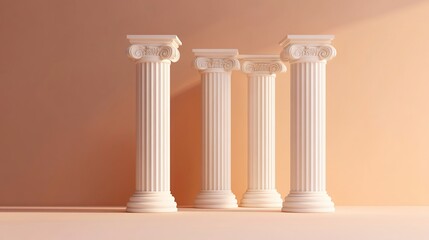 Obraz premium Four classical columns against a pastel background. Soft light illuminates the scene