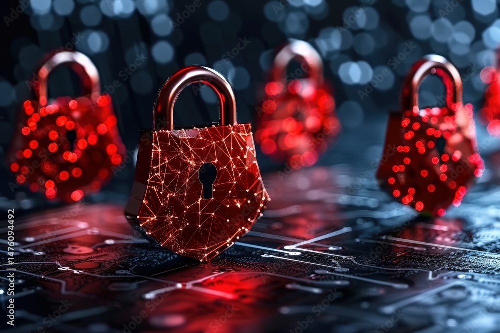 Poster red digital padlocks on a circuit board symbolize cybersecurity, data protection, and secure technol