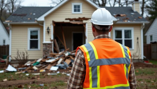 Disaster recovery efforts at damaged home suburban neighborhood photography outdoor perspective reconstruction challenges