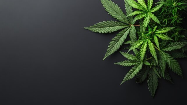 Bright green hemp leaves arranged on a dark black background create a modern and fresh cannabis design piece.