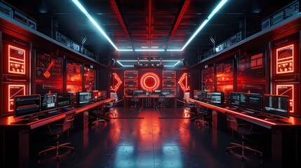 Digital control room concept with red dangerous warning computer screens. AI generated image