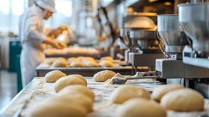 Industrial bread production line in action.