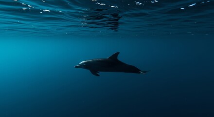 Naklejka premium Dolphin Swimming Underwater in Deep Ocean