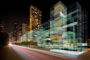 Obraz premium A city street at night with illuminated skyscrapers and digital wireframe buildings overlayed, representing futuristic urban architecture.