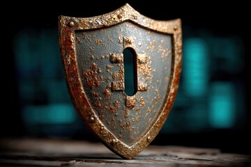 A rusty metal shield with a keyhole stands upright on a wooden surface against a blurred blue background.