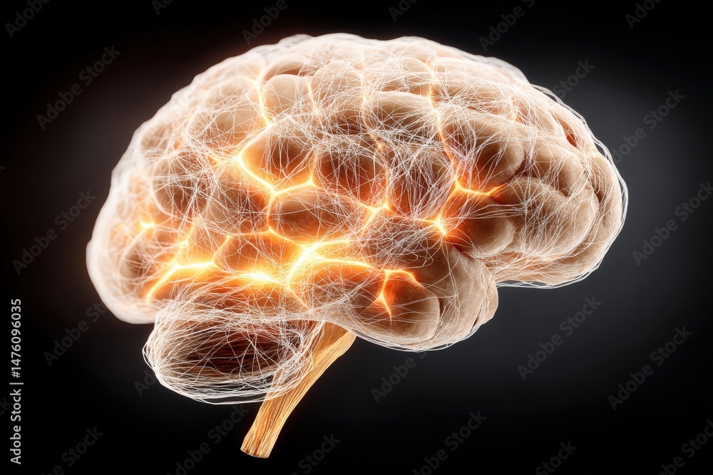 Poster a human brain with glowing neural connections, showcasing active neural networks and brain activity 