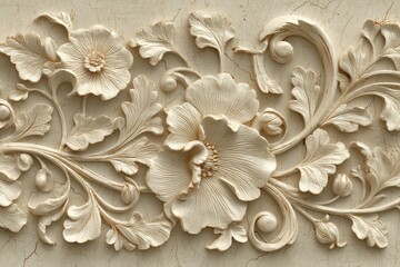 Ornate floral carvings in light beige stone.