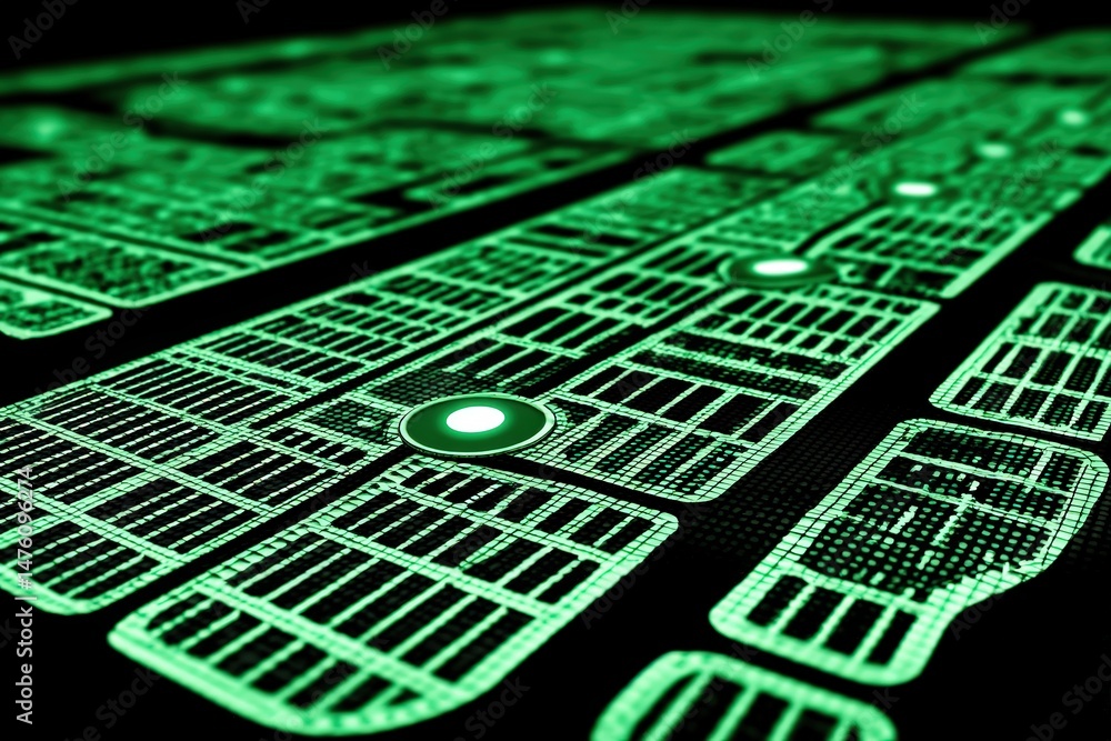 Poster glowing green circuit board with detailed lines and components, viewed at an angle for a high-tech a