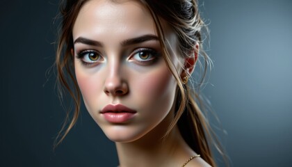 Naklejka premium Captivating portrait of a young woman studio setting photography soft lighting close-up beauty and emotion