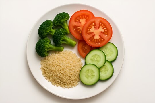A top-down image of a small vegetarian meal with plain ingredients on a white plate, minimal background.