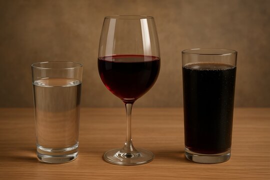 A glass of water beside untouched wine and soda glasses, representing abstemious drinking habits.