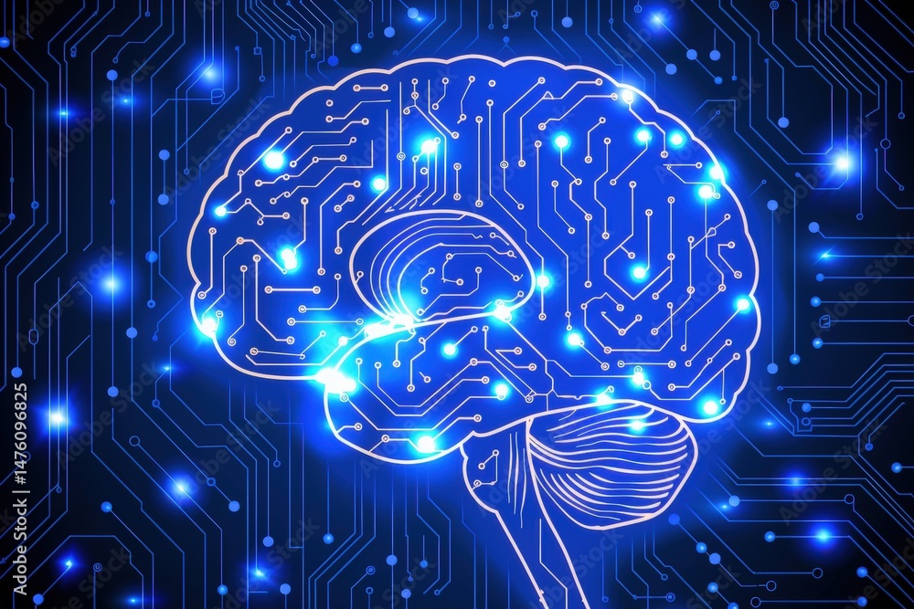 Poster a glowing digital brain with circuitry and blue lights, symbolizing artificial intelligence and adva