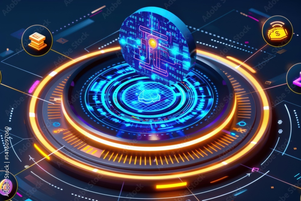 Poster a digital coin with circuit patterns hovers above a glowing futuristic platform, surrounded by finan