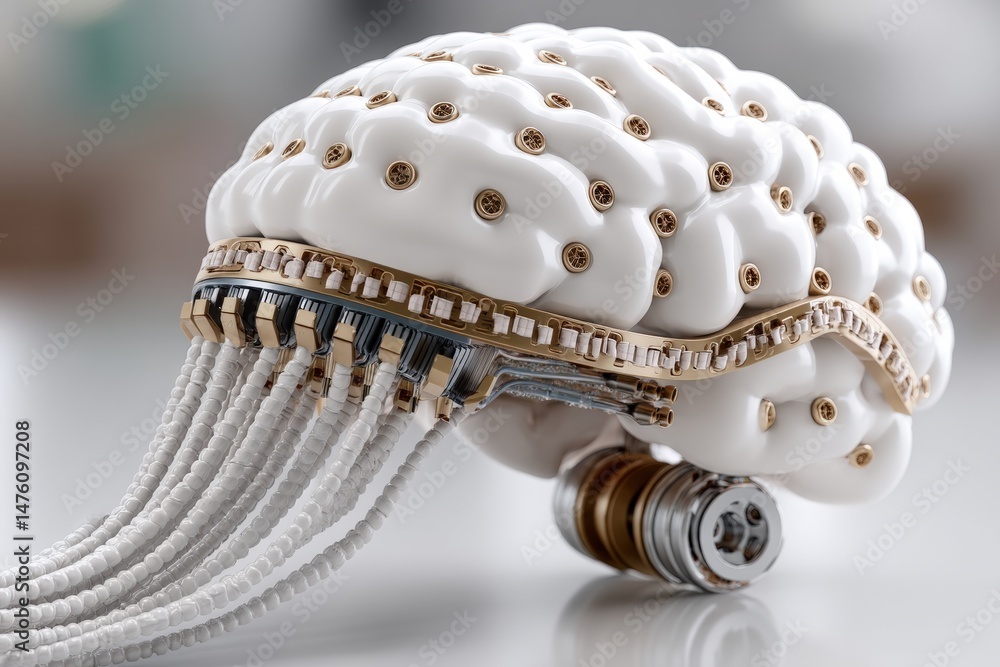Poster a futuristic artificial brain with wires and metallic components, symbolizing advanced technology an