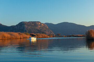 Touristic boat trip on sunset by Dalyan River from ancient Greek city Kaunos in Caria to Iztuzu or...