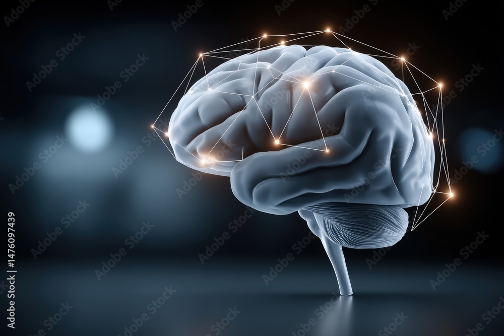 Poster a human brain with connected glowing nodes, symbolizing neural networks or artificial intelligence o