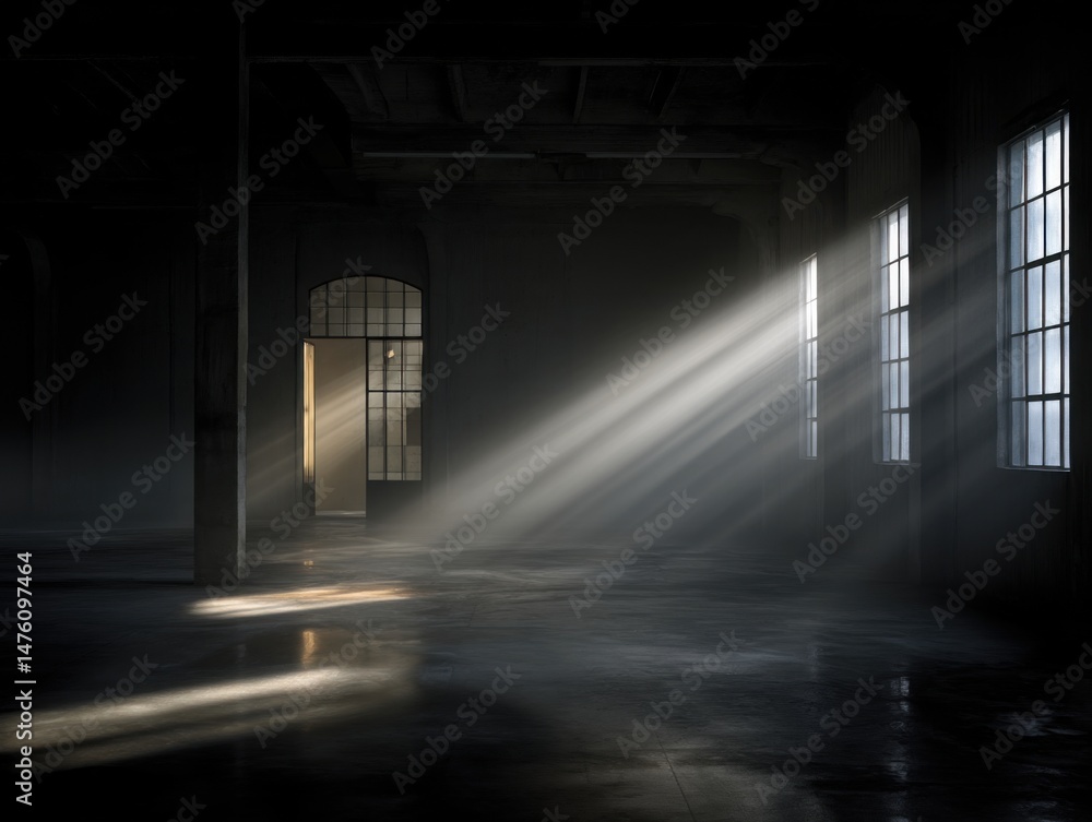 Poster light streams through windows in a dark empty industrial space creating dramatic shadows and reflect