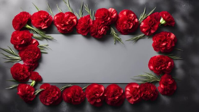 A flat lay of a funeral banner featuring an elegant composition of red carnations and a wide black ribbon, with a soft-focus background to convey a sense of serenity