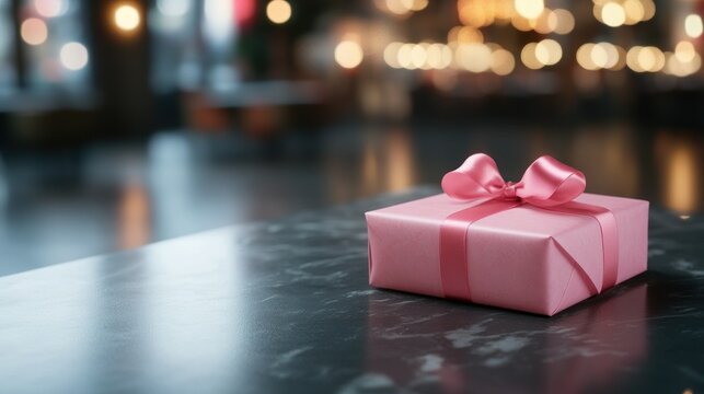 Pink gift box on marble table in a restaurant