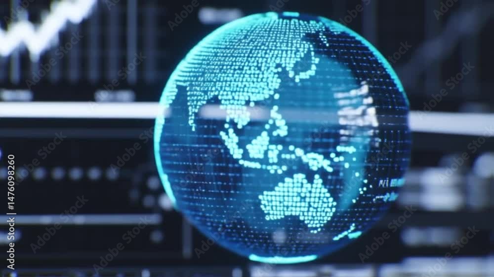 Poster futuristic digital globe visualization overlaid on financial data and graphs showing market trends a