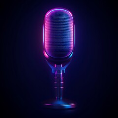 A retro microphone illuminated with vibrant neon pink and blue light