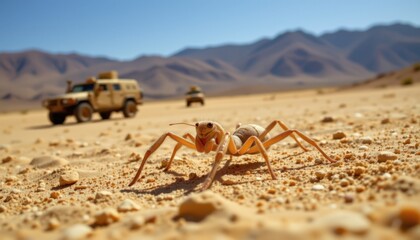 Obraz premium Desert adventure ants navigating sandy terrain near military vehicles natural environment close-up perspective