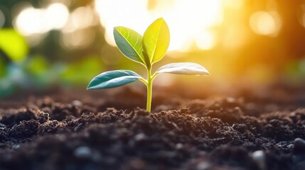 Young Plant Sprout Growing in Soil at Sunrise