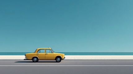 Obraz premium Yellow Taxi Cab Coastal Drive Minimalist Scene