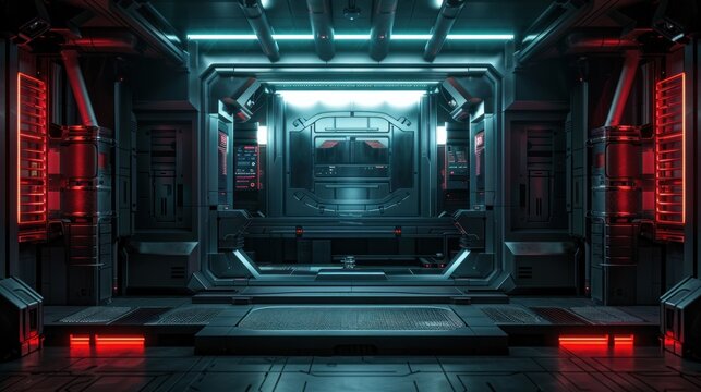 A futuristic space station podium with a blue dome and a large circular room