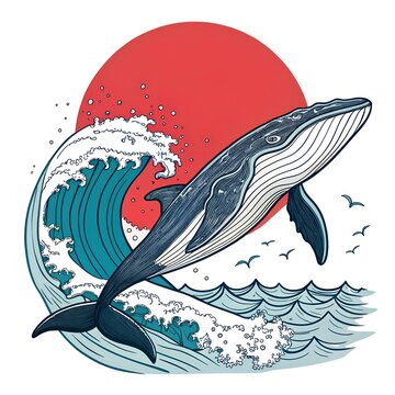 Vector illustration of a whale against the backdrop of the setting red sun under the waves with foam. The whale is suitable for a print or sketch for a tattu.