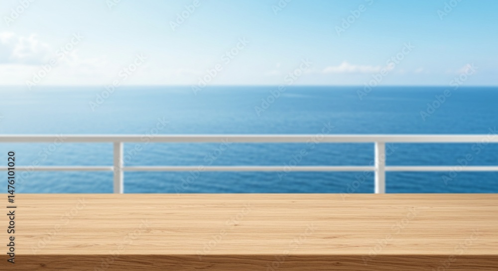 Poster wooden table with ocean view background perfect for product placement or display.