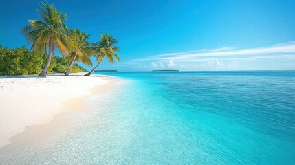Fototapeta premium Idyllic Tropical Beach Scene Palm Trees White Sand Turquoise Water
